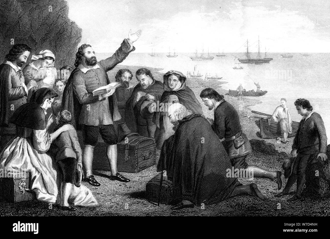 Embarkation of the Pilgrim Fathers, 1620. Artist: Unknown Stock Photo