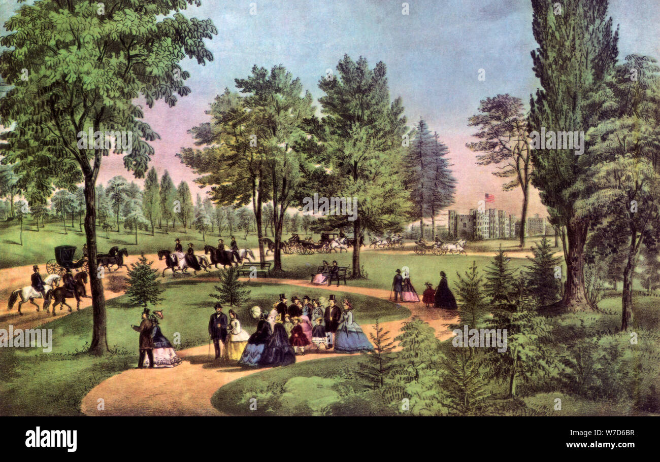'The Drive, Central Park', 1862.Artist: Currier and Ives Stock Photo