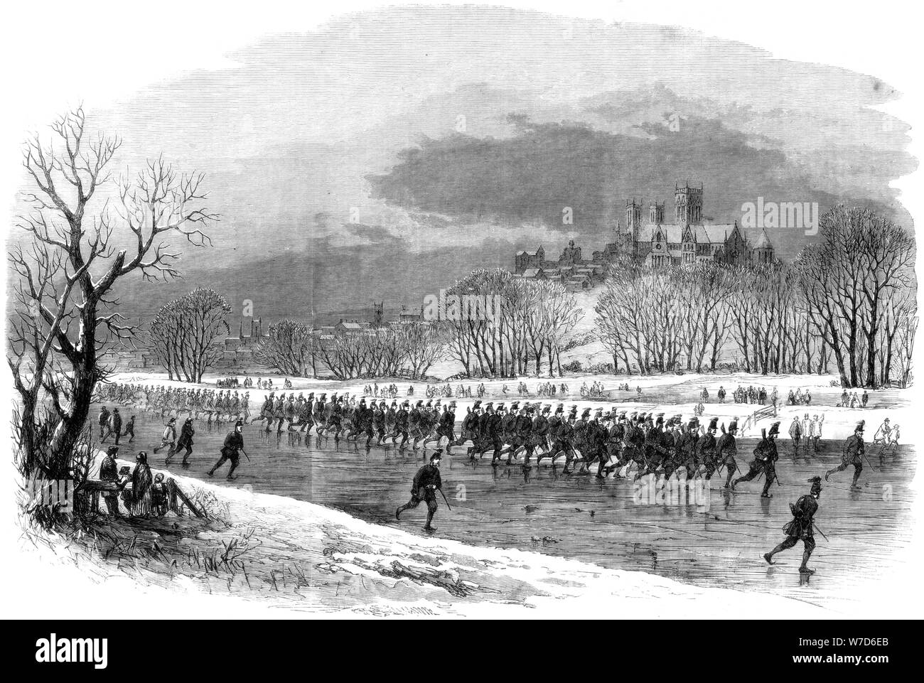 The First Lincolnshire Rifle Volunteers taking a march down the river Witham on skates, 1861. Artist: Unknown Stock Photo