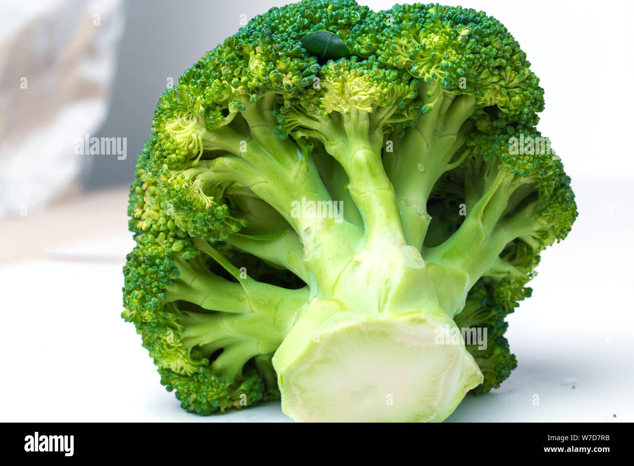 Green broccoli on white isolate background. In the lower left corner ...