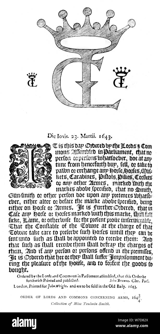 Order of Lords and Commons concerning arms, 1643/1644, (1893). Artist: Unknown Stock Photo