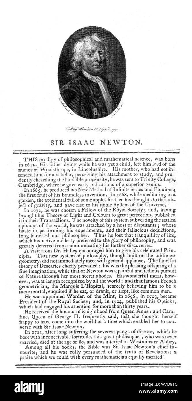 Sir Isaac Newton English Mathematician Astronomer And Physicist 1794 Artist A Smith Stock Photo Alamy