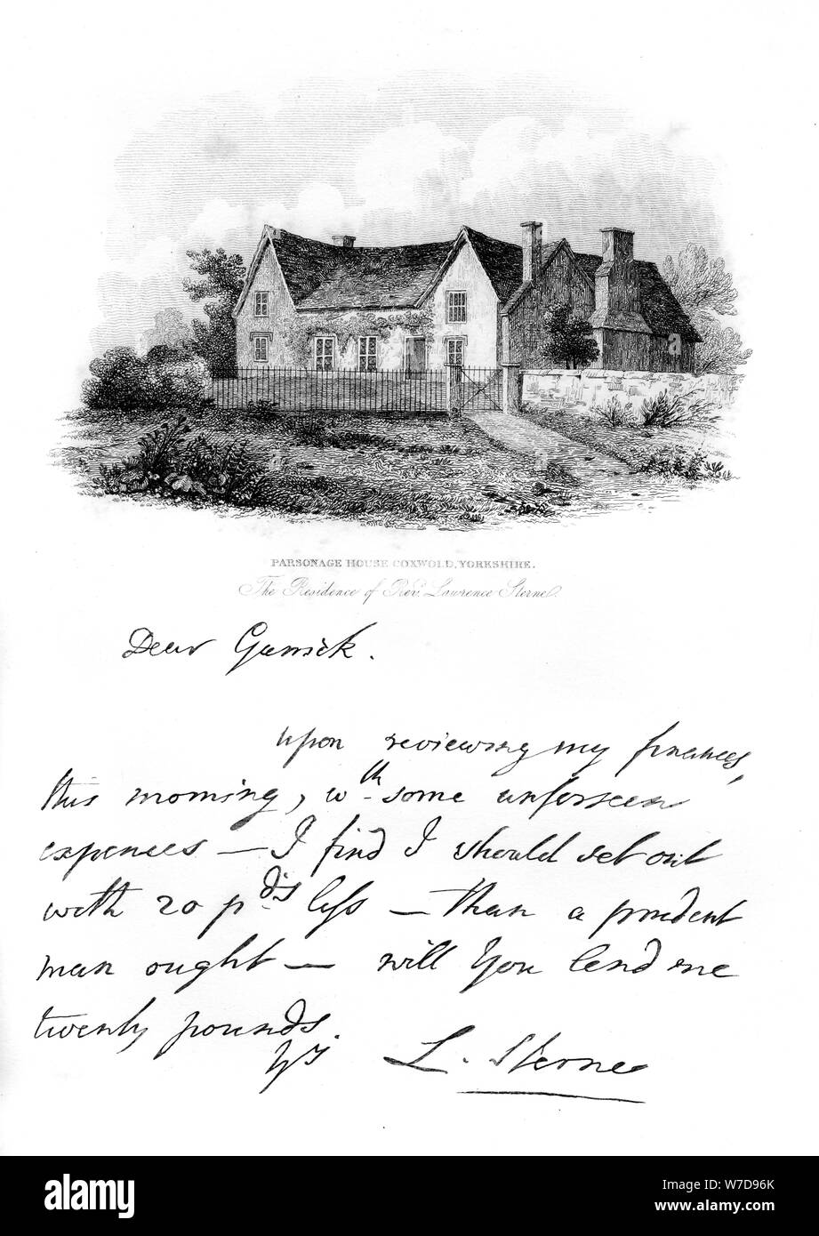 A note from Sterne to Garrick, and a view of Sterne's house in Yorkshire, 18th century, (1840). Artist: Unknown Stock Photo
