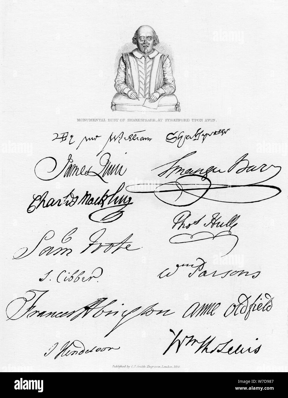 Bust of Shakespeare and signatures of celebrated actors, (1840). Artist: Unknown Stock Photo