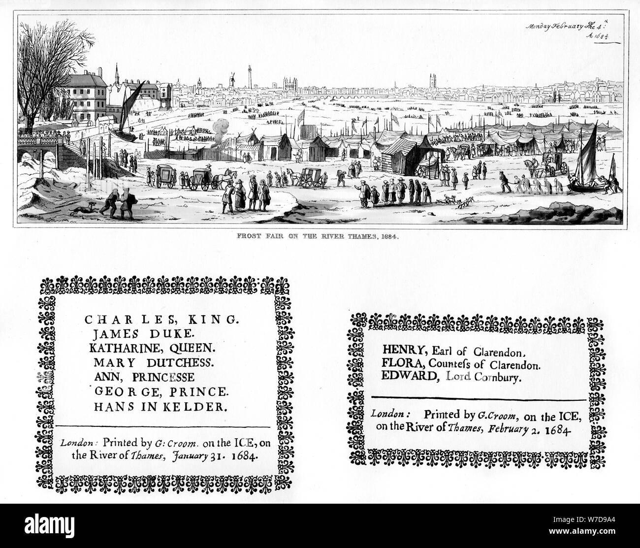 Frost fair on the River Thames, and specimens of printing, February 1684, (1840). Artist: Thomas Wyck Stock Photo