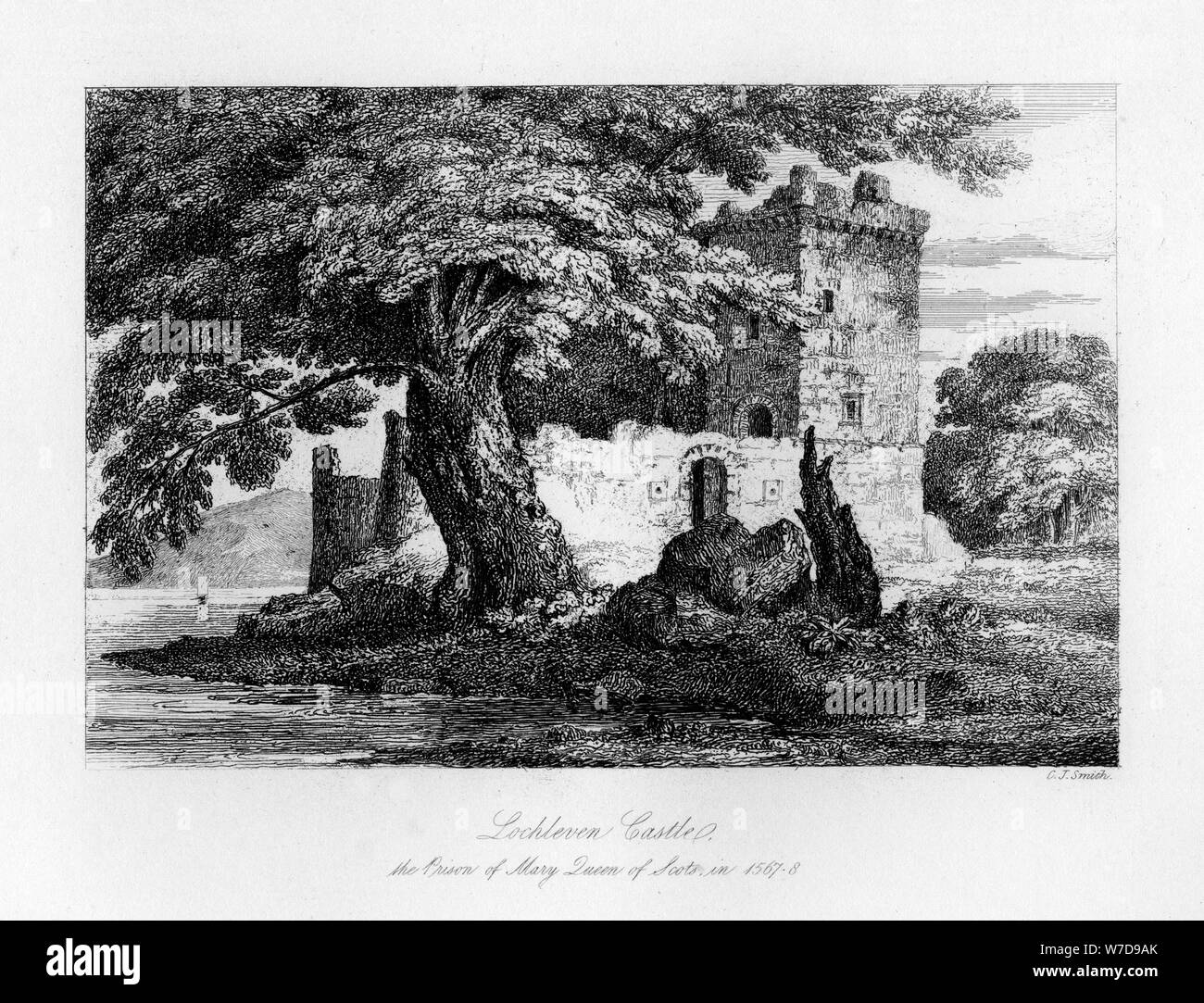 Lochleven Castle, Scotland, the prison of Mary, Queen of Scots, 1840. Artist: C J Smith Stock Photo