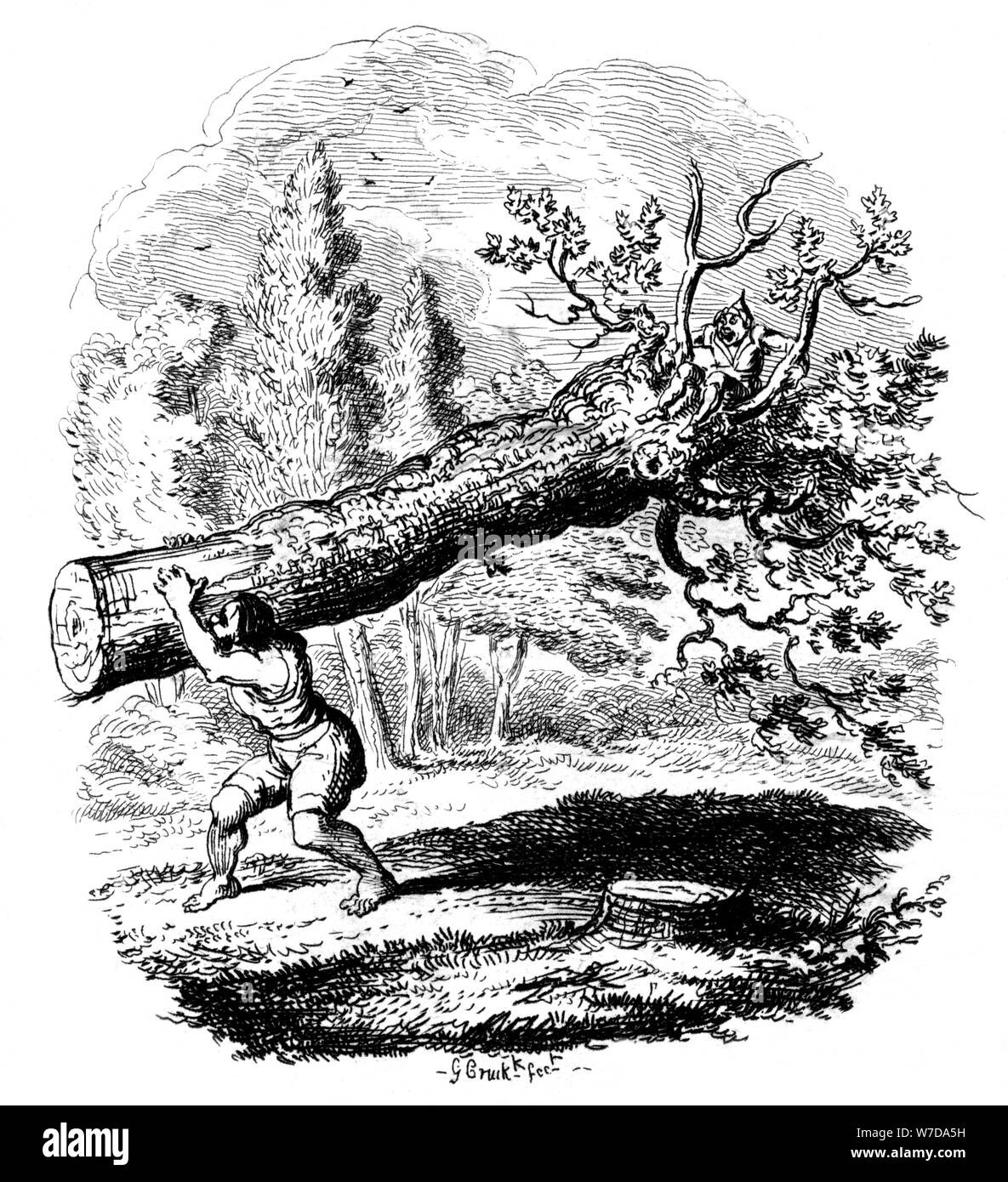 Man carrying a large tree trunk on his shoulder, 19th century.Artist