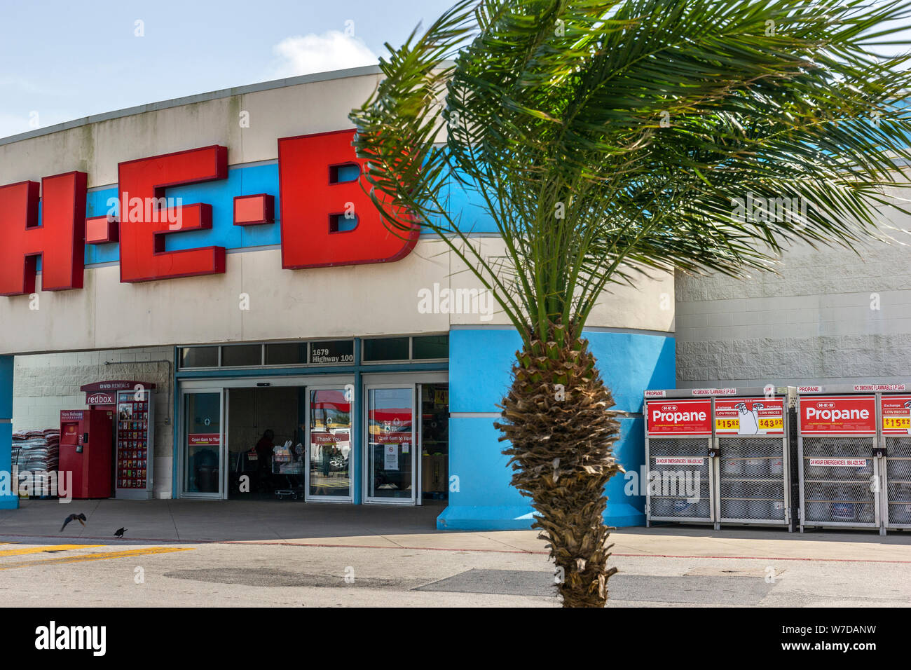 H.E.B Store brand logo and palm tree, South Padre Island, USA Stock Photo