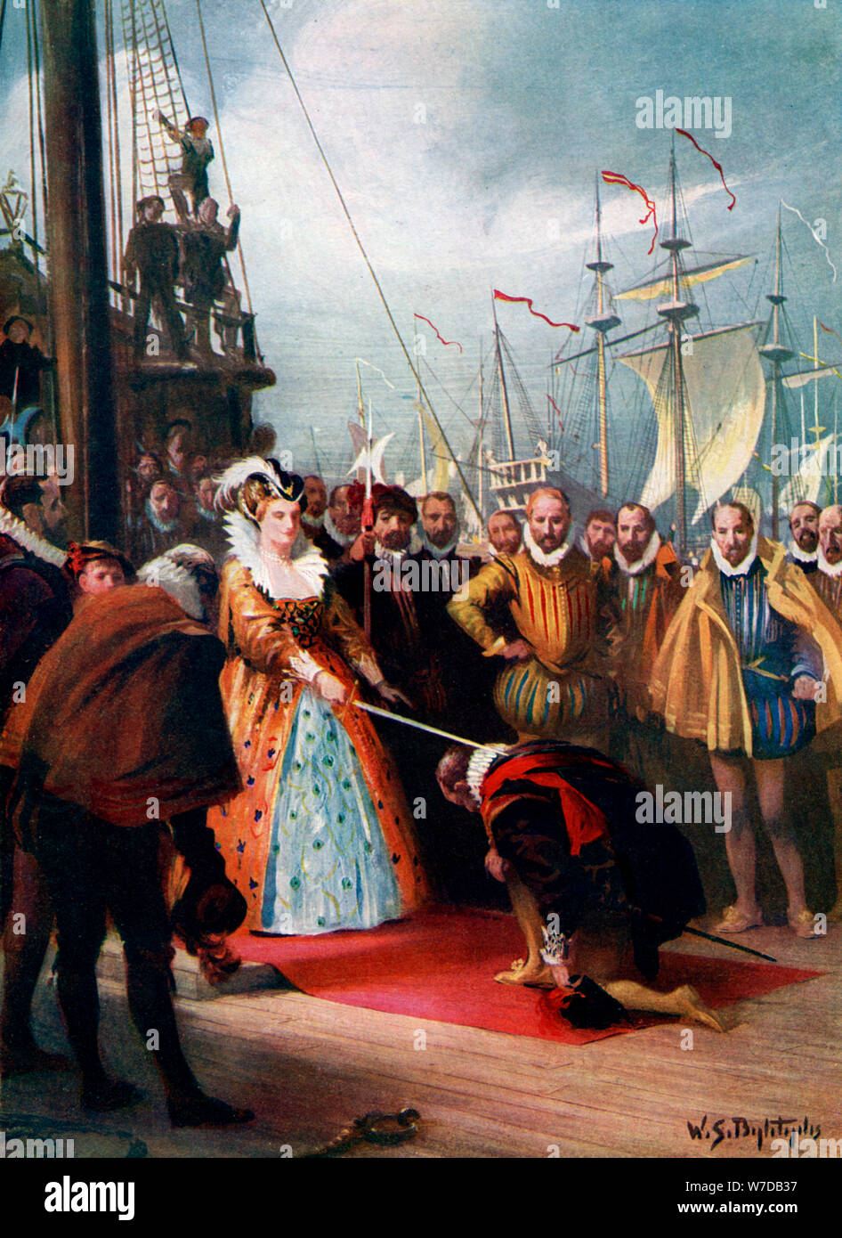 'Queen Elizabeth Knighting Sir Francis Drake', 1581, (c1920). Artist: WS Bagdatopulos Stock Photo