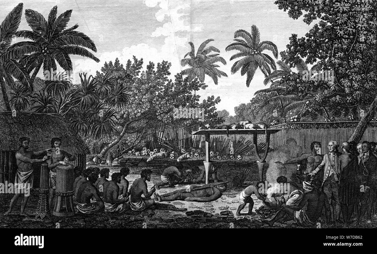 'A Human Sacrifice in a Morai, in Otaheite; in the presence of Captain Cook', c1773. Artist: Unknown Stock Photo