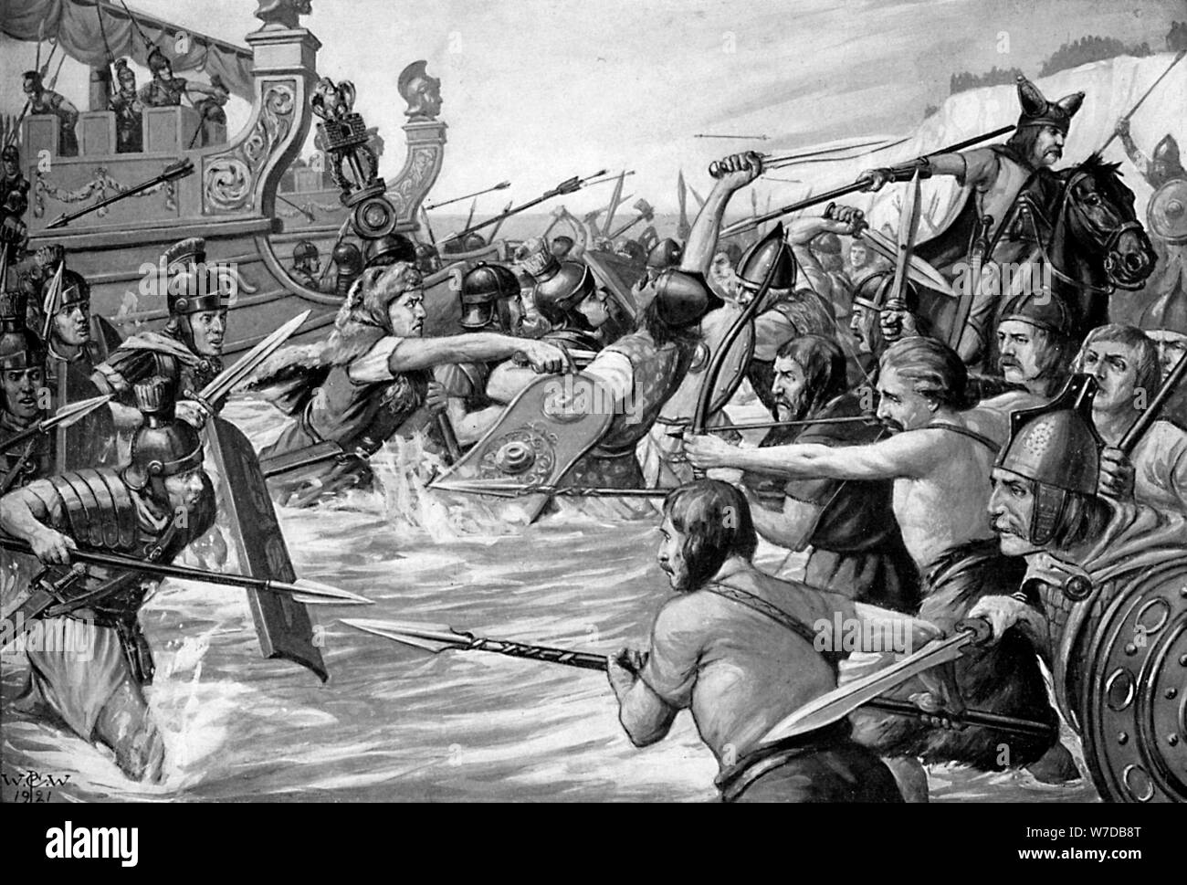 The landing of Julius Caesar in Britain, 55 BC, (c1920s).Artist: Richard Caton Woodville II Stock Photo