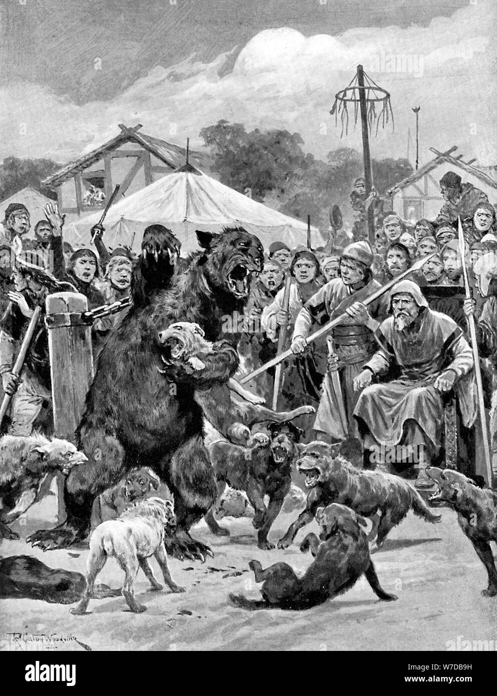 Bear-baiting in Saxon times, (c1920).Artist: Richard Caton Woodville II Stock Photo