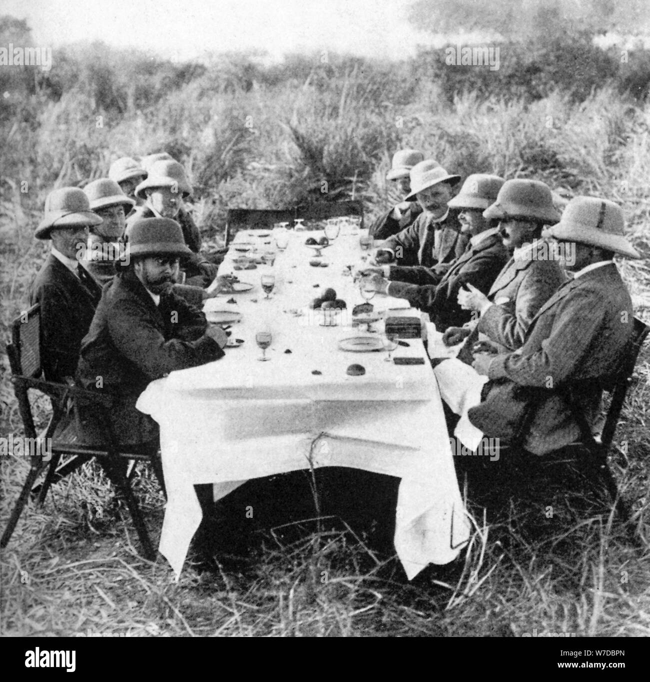 King George V (1865-1936) having lunch after tiger hunting in Nepal, 1911 (1936). Artist: Unknown Stock Photo