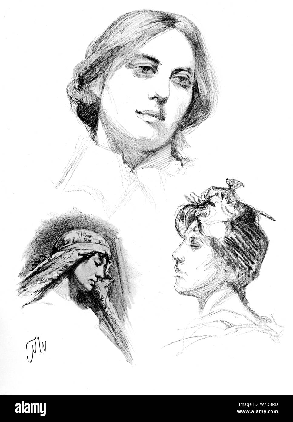 Pencil studies of three women, 1902-1903.Artist: W Gulzow Stock Photo