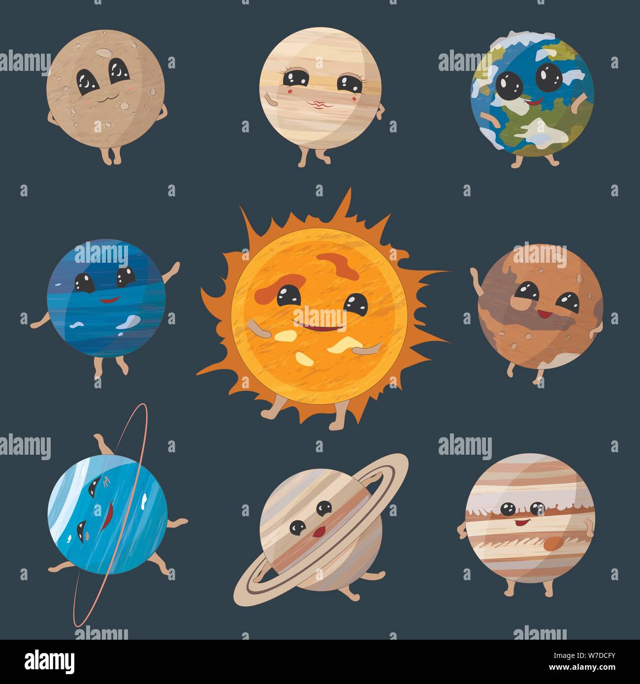 Solar system for kids. Cute sun and planets characters in cartoon style on  dark space background. Vector illustration for kindergarten and school  science education 2143607 Vector Art at Vecteezy