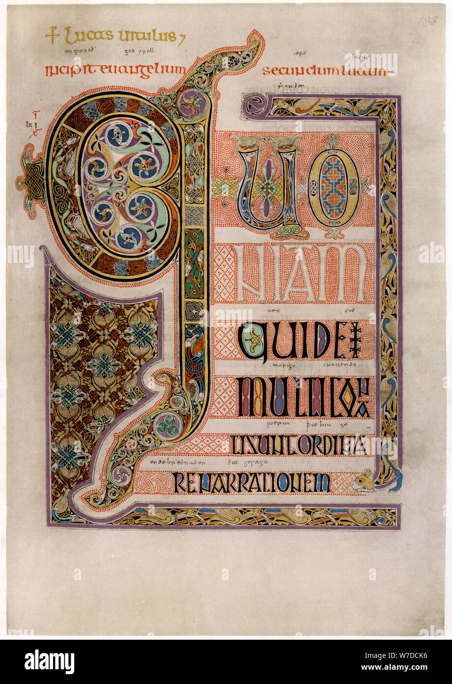 Page of illuminated text from the Gospel of St Luke, c700. Artist: Unknown Stock Photo