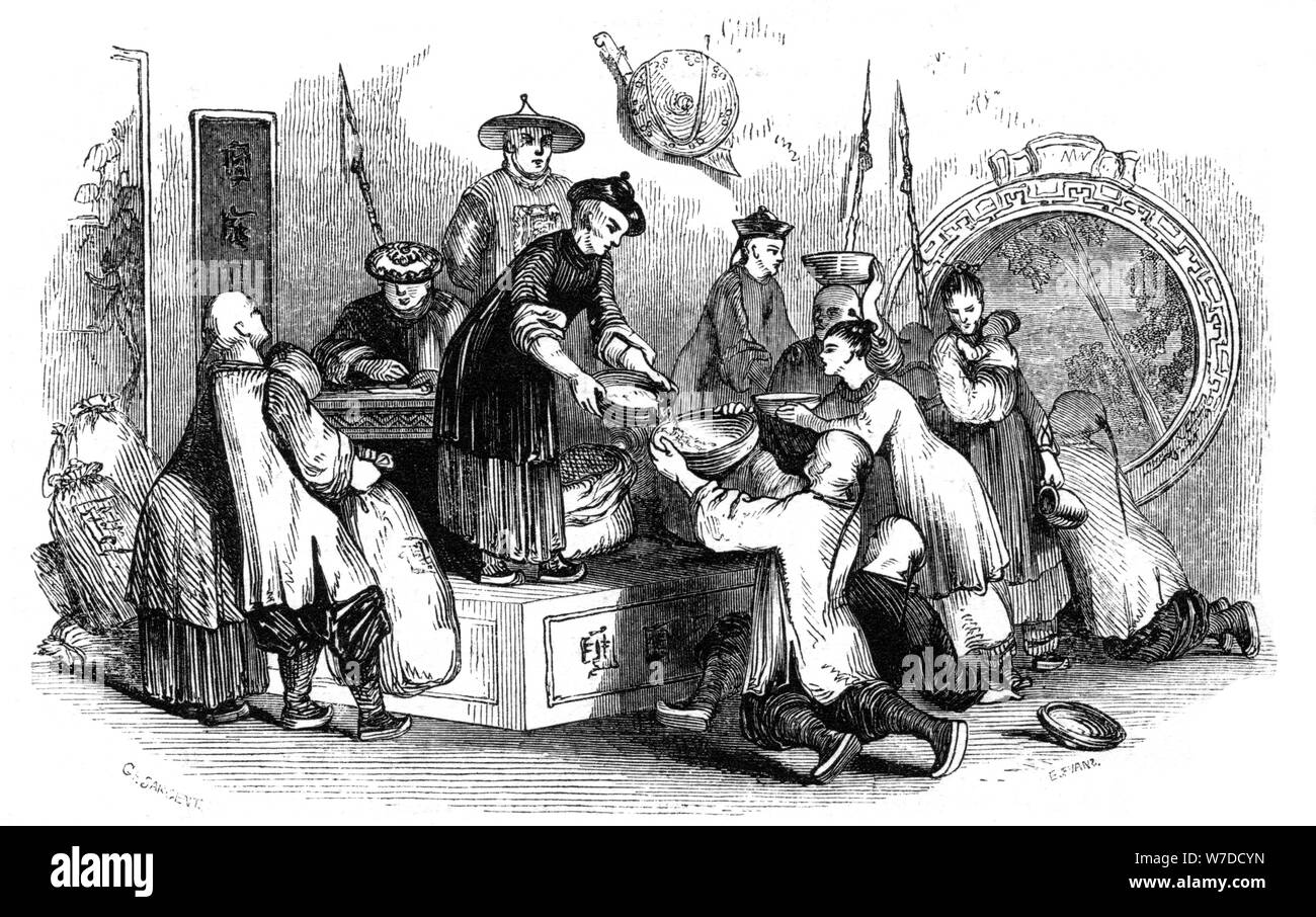 'Giving out corn to the people, during a season of scarcity, 1847'. Artist: Evans Stock Photo