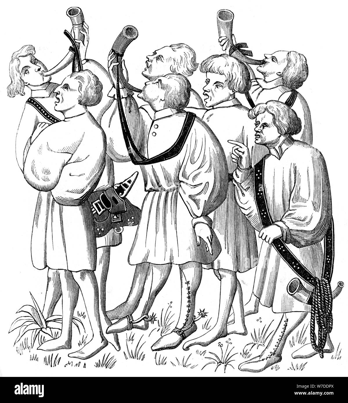 How to shout and blow horns, 15th century (1849). Artist: Unknown Stock Photo