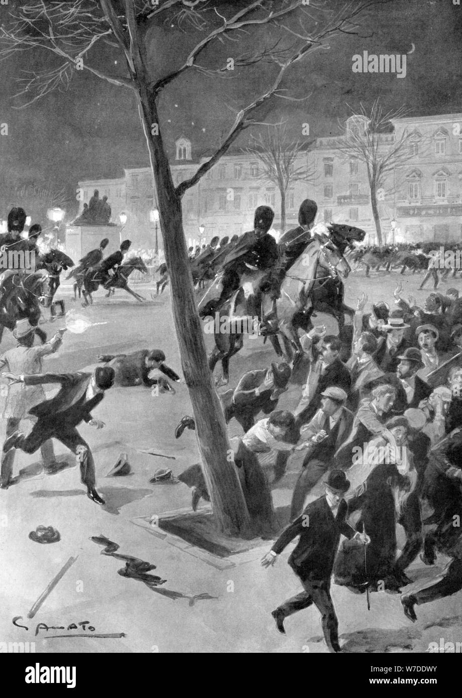 Gendarmes charging the rioters in the Place des Grand Sablons, Brussels, Belgium, 1902.Artist: G Amato Stock Photo