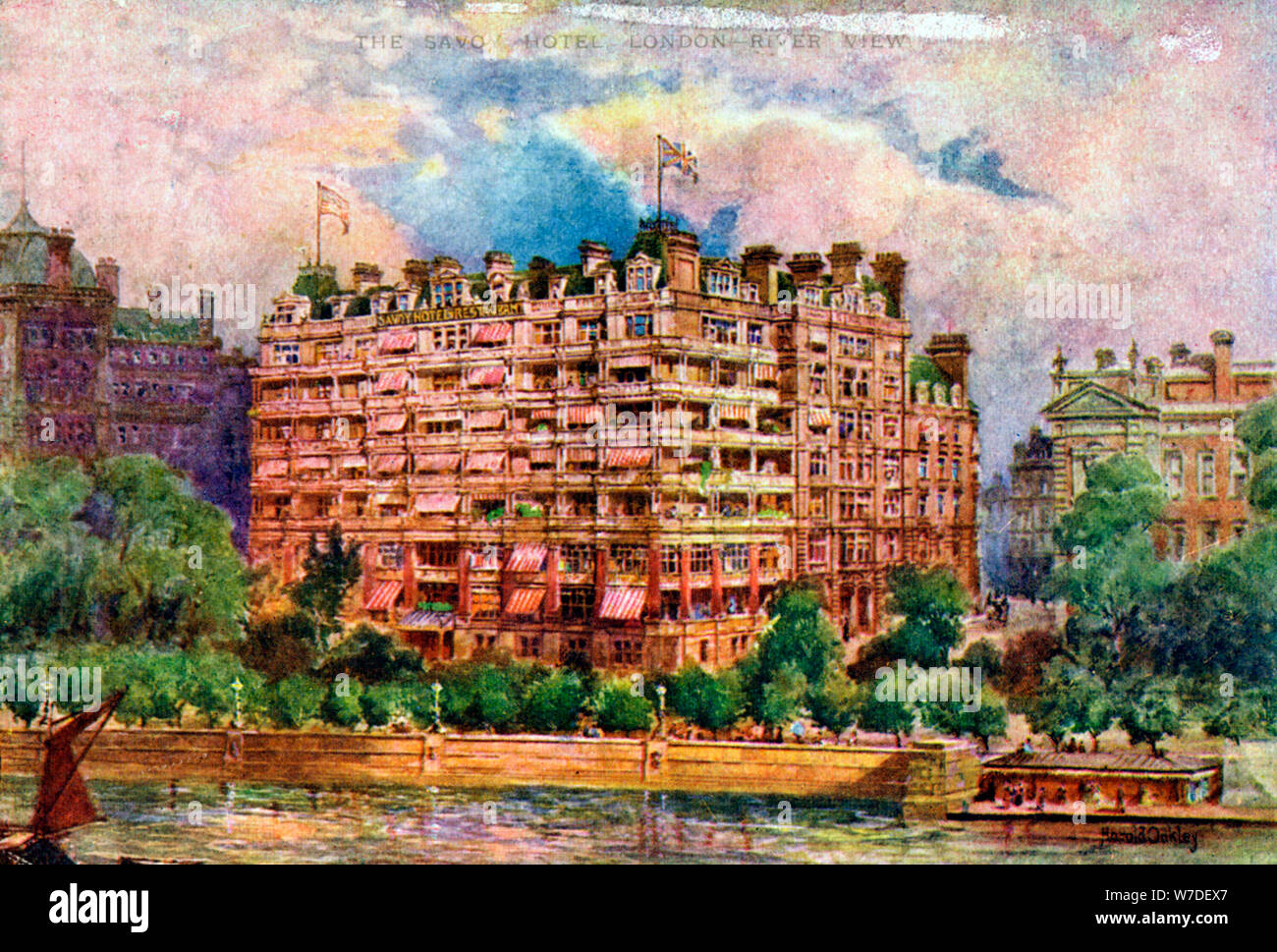 The Savoy Hotel as seen from the River Thames, London, 1905.Artist: William Harold Oakley Stock Photo