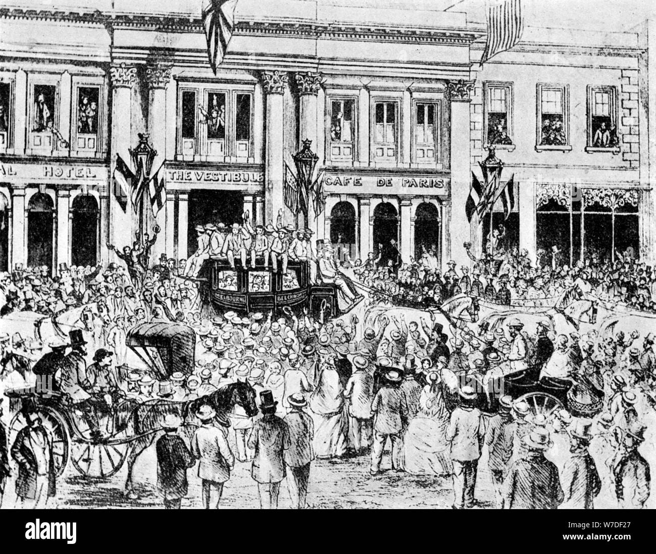 The arrival of the first English cricket team in Australia, 1861 (1912). Artist: Unknown Stock Photo