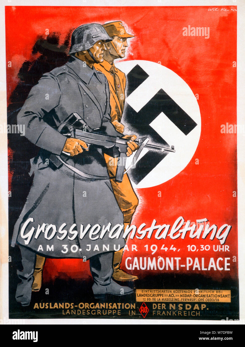 NSDAP poster for a meeting at the Gaumont Palace, France, 30th January 1944. Artist: Unknown Stock Photo