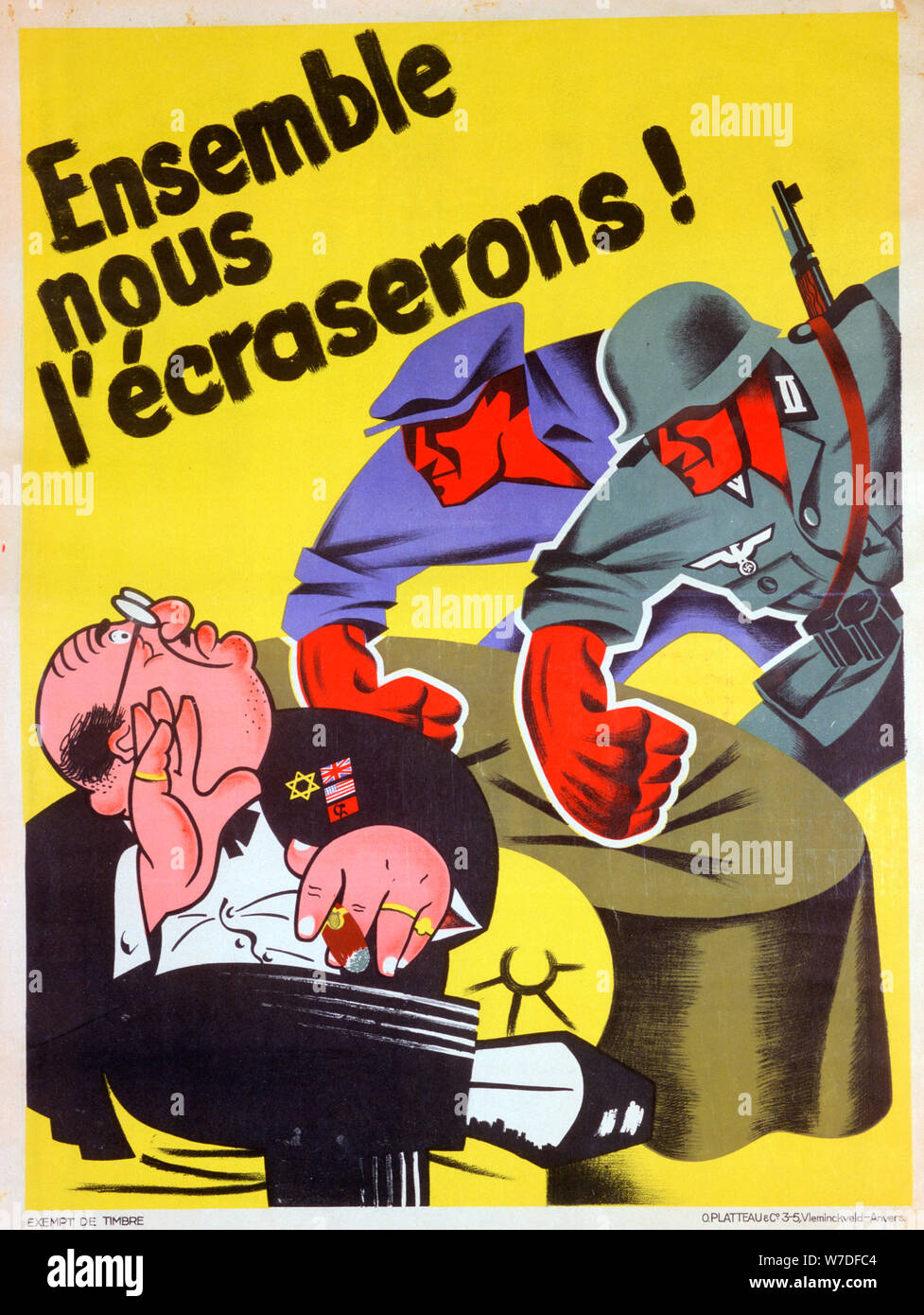 'Together we will crush him', Belgian pro-Nazi propaganda poster, c1940-1944. Artist: Unknown Stock Photo