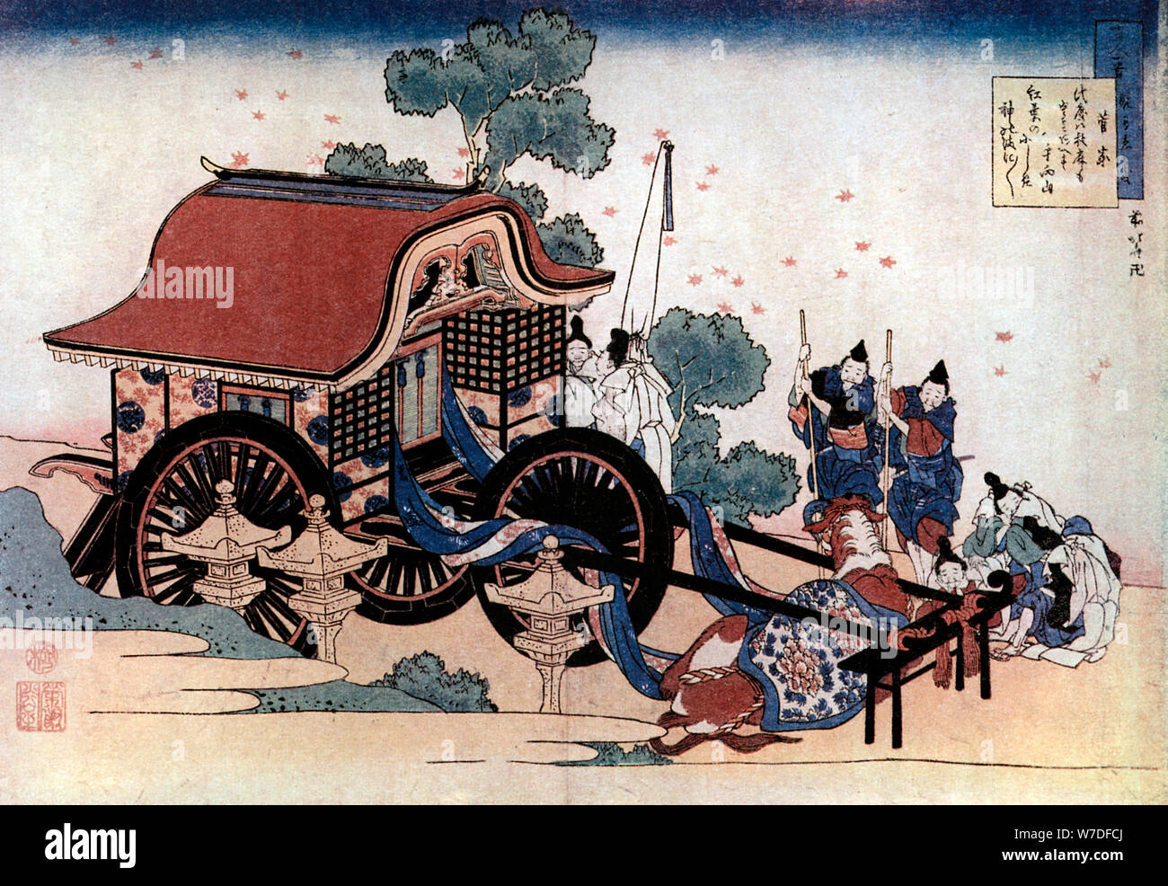 Pulling a three-wheeled carriage, Japanese woodcut, c1780-1849.Artist: Hokusai Stock Photo