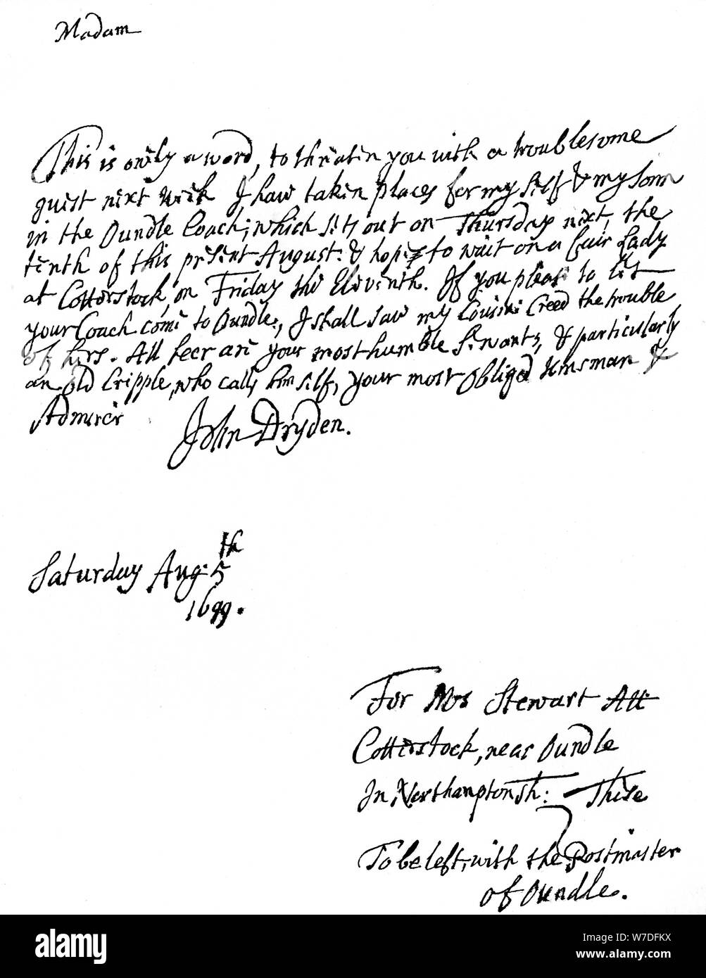 A letter written by John Dryden (1631-12700), English poet, 1699 (1840). Artist: Unknown Stock Photo