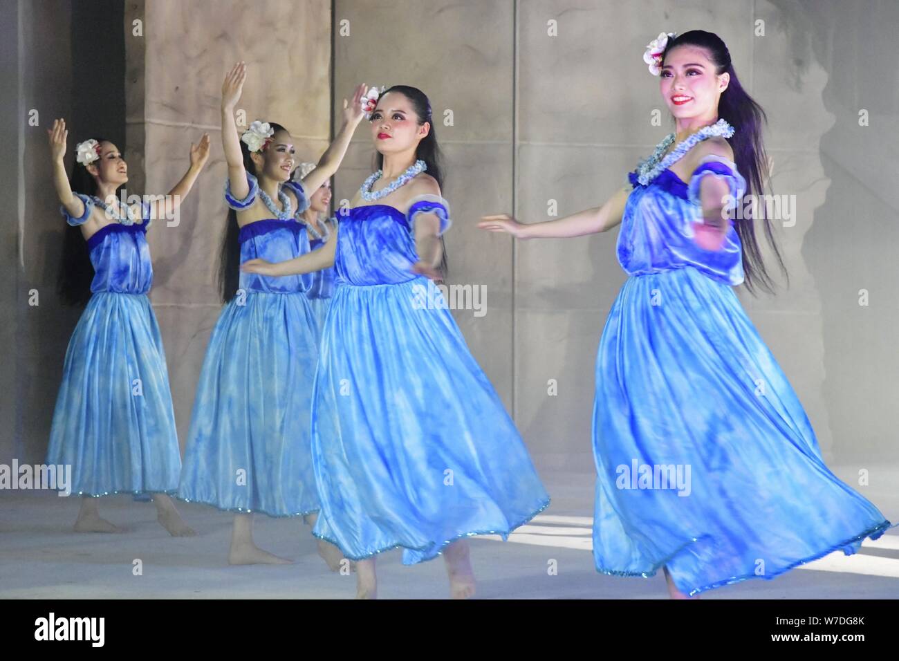 Hula dancers perform on Aug. 1, 2019, at a Hawaii-themed hot spring ...