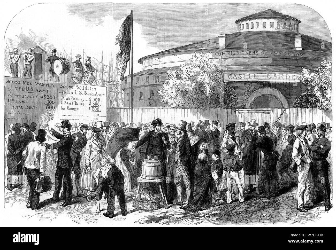 Enlisting Irish and German emigrants on the Battery, New York, USA, 1864.Artist: M Jackson Stock Photo