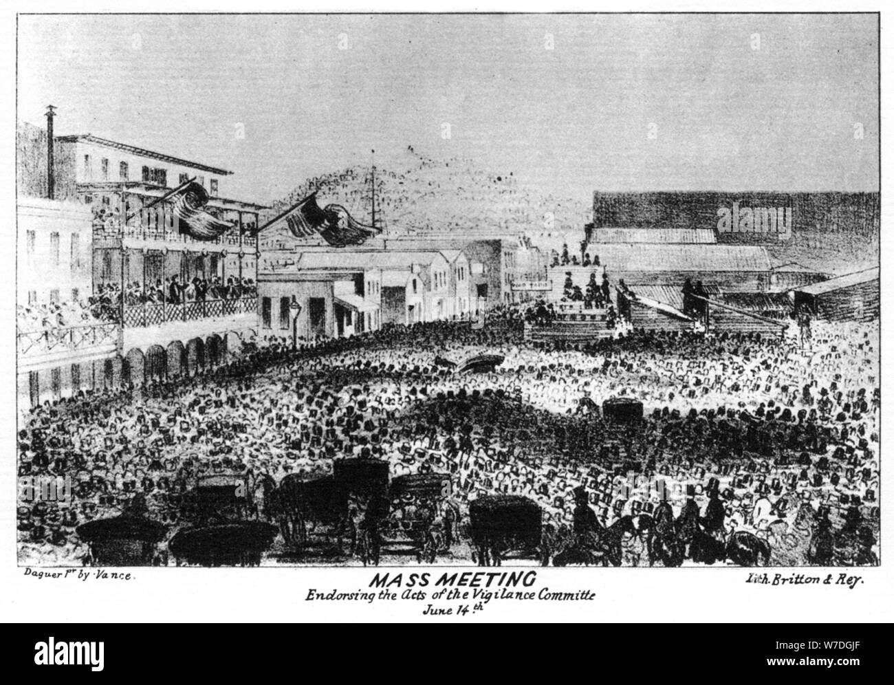 A mass meeting outside Fort Vigilant, Sacramento, California, 1856 (1937).Artist: Britton & Rey Stock Photo