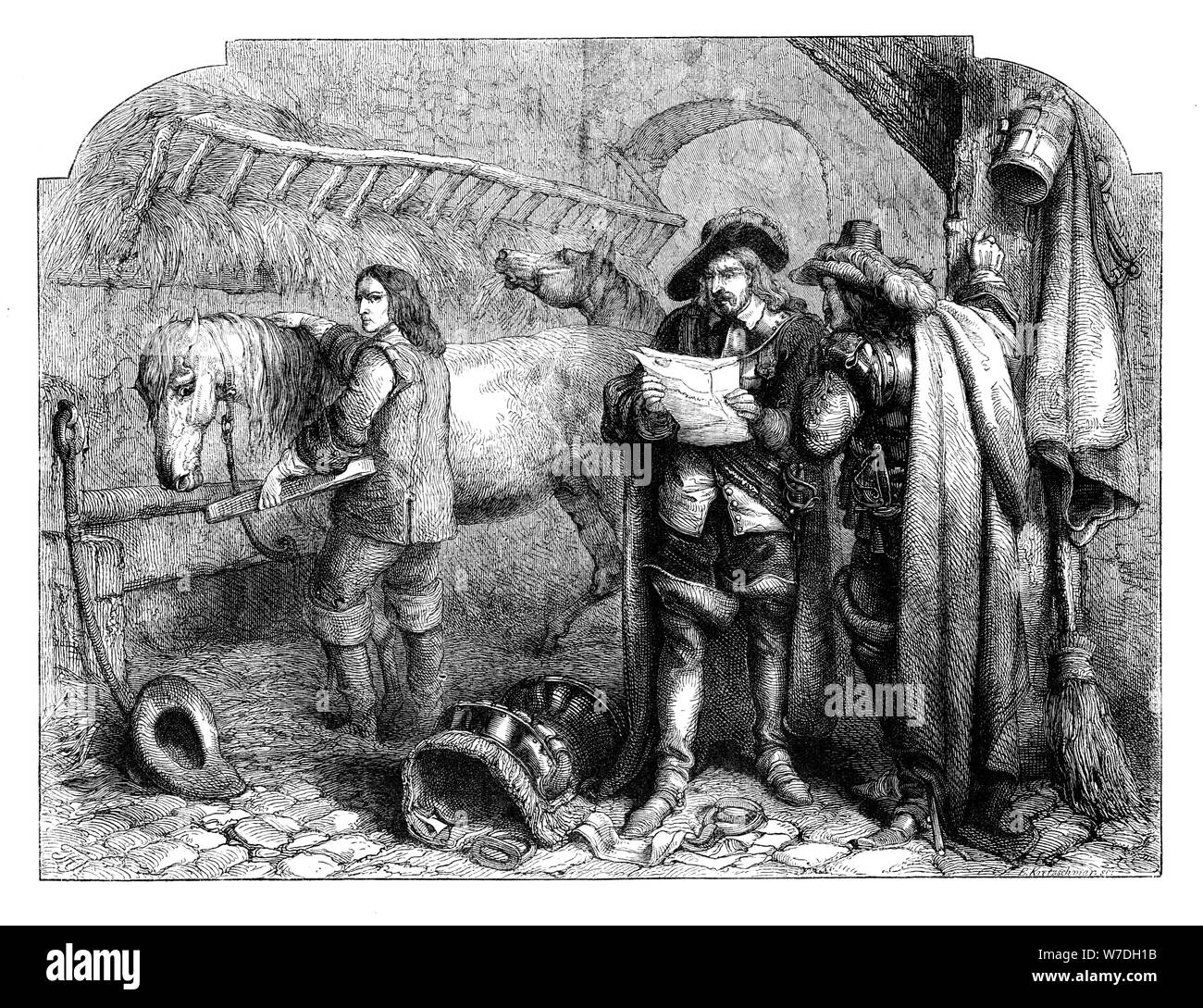Oliver Cromwell discovering the letter of King Charles I at the Blue Boar, Holborn, London, c1902.Artist: E Kretzschniar Stock Photo