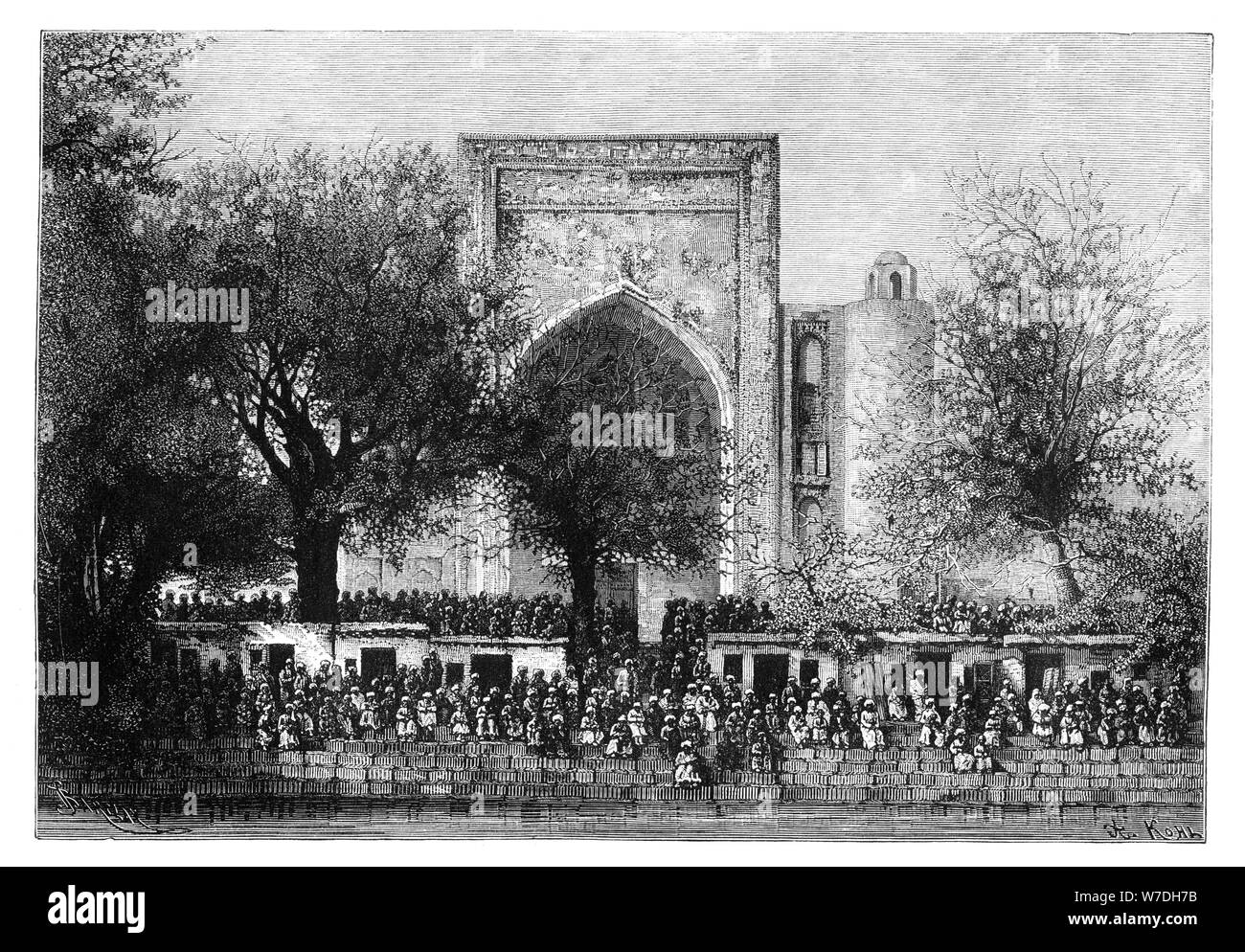 An assembly before the mosque in Bukhara, Uzbekistan, 1895.Artist: Armand Kohl Stock Photo