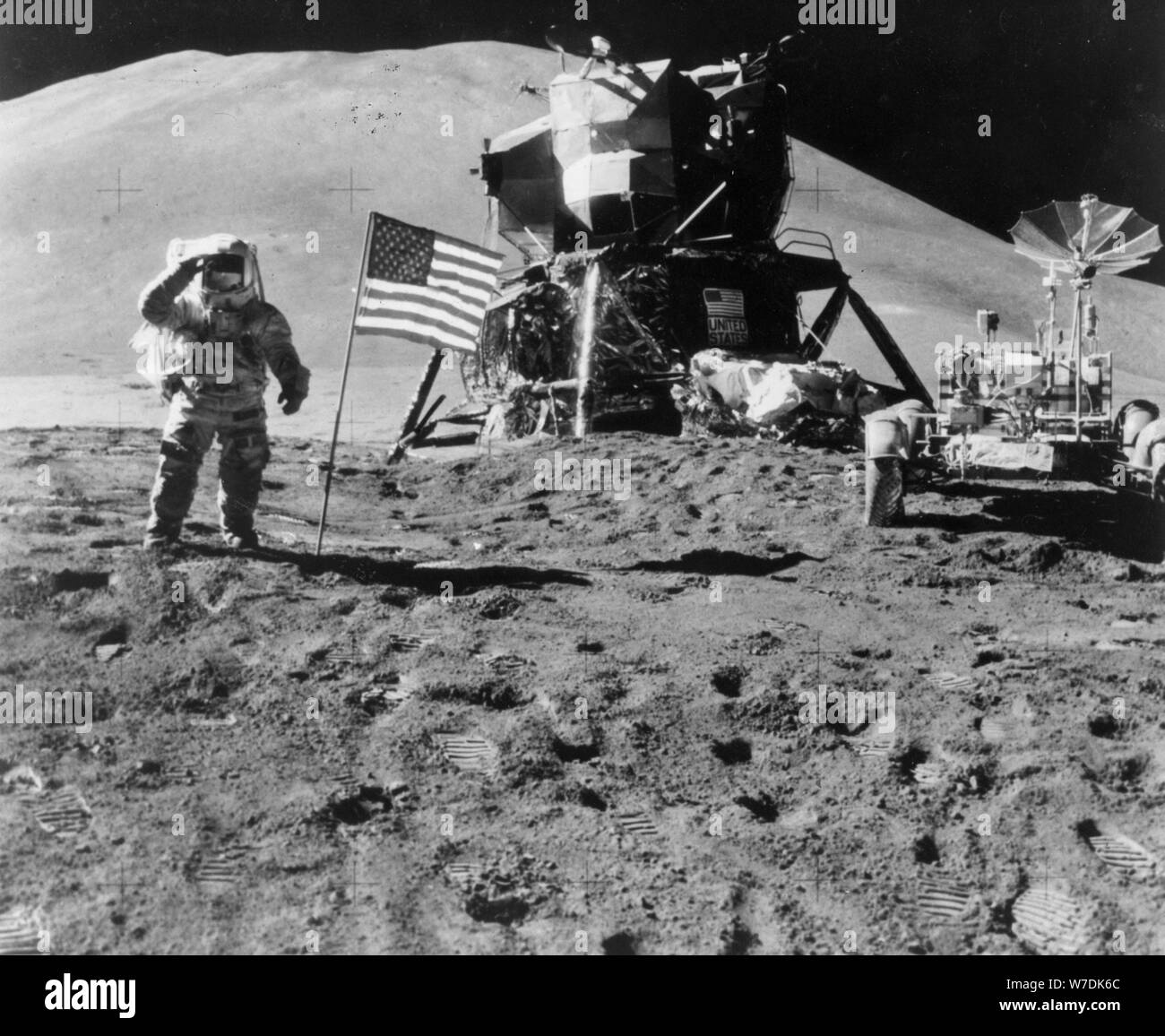 James Irwin (1930-1991) salutes the American flag during the Apollo 15 mission, 1971. Artist: Unknown Stock Photo