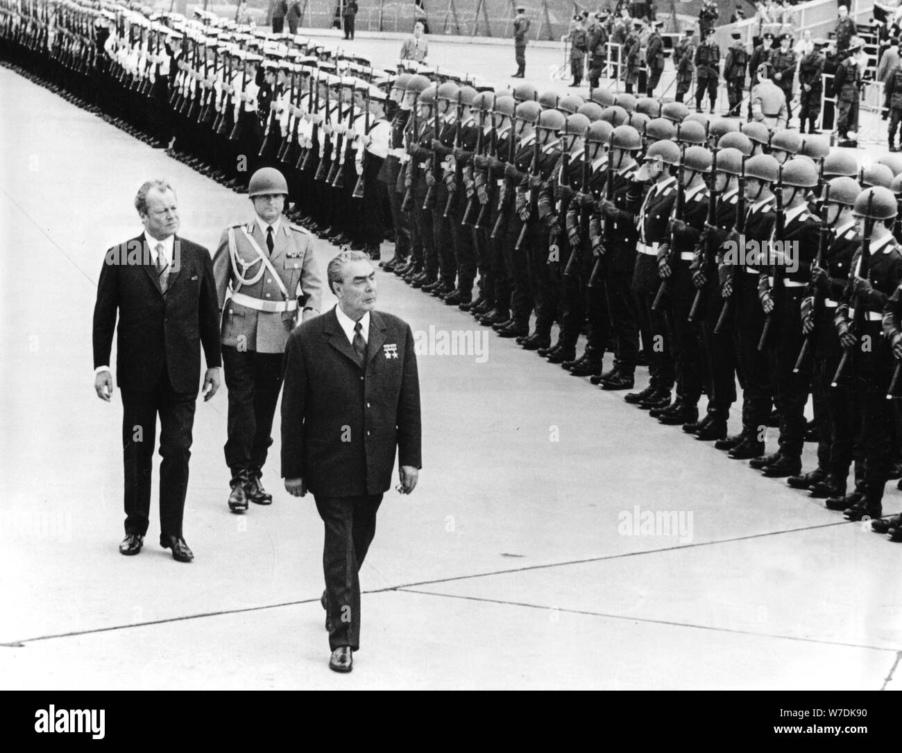 Leonid Brezhnev (1907-1982) during a state visit to West Germany, 1973. Artist: Unknown Stock Photo