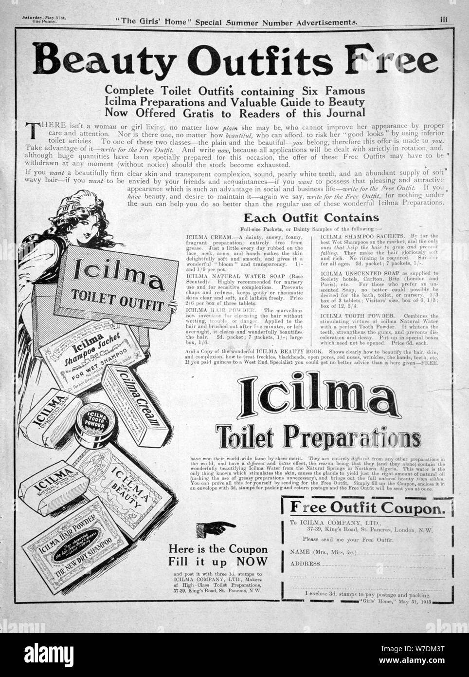 Advert for Icilma Toilet Preparations, 1913. Artist: Unknown Stock Photo