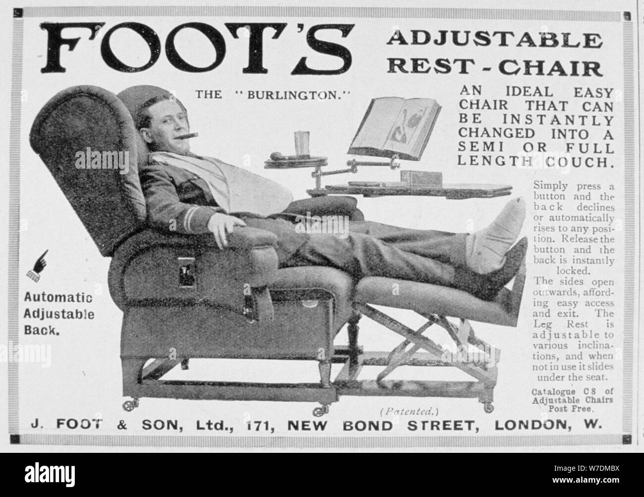 Advert for Foot's 'Burlington' adjustable rest-chair, 1916. Artist: Unknown Stock Photo
