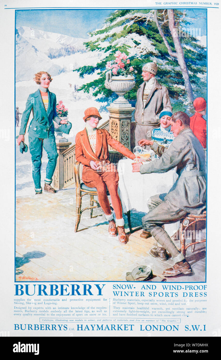 Advert for Burberry snow and wind-proof winter sports dress, 1928. Artist:  Unknown Stock Photo - Alamy