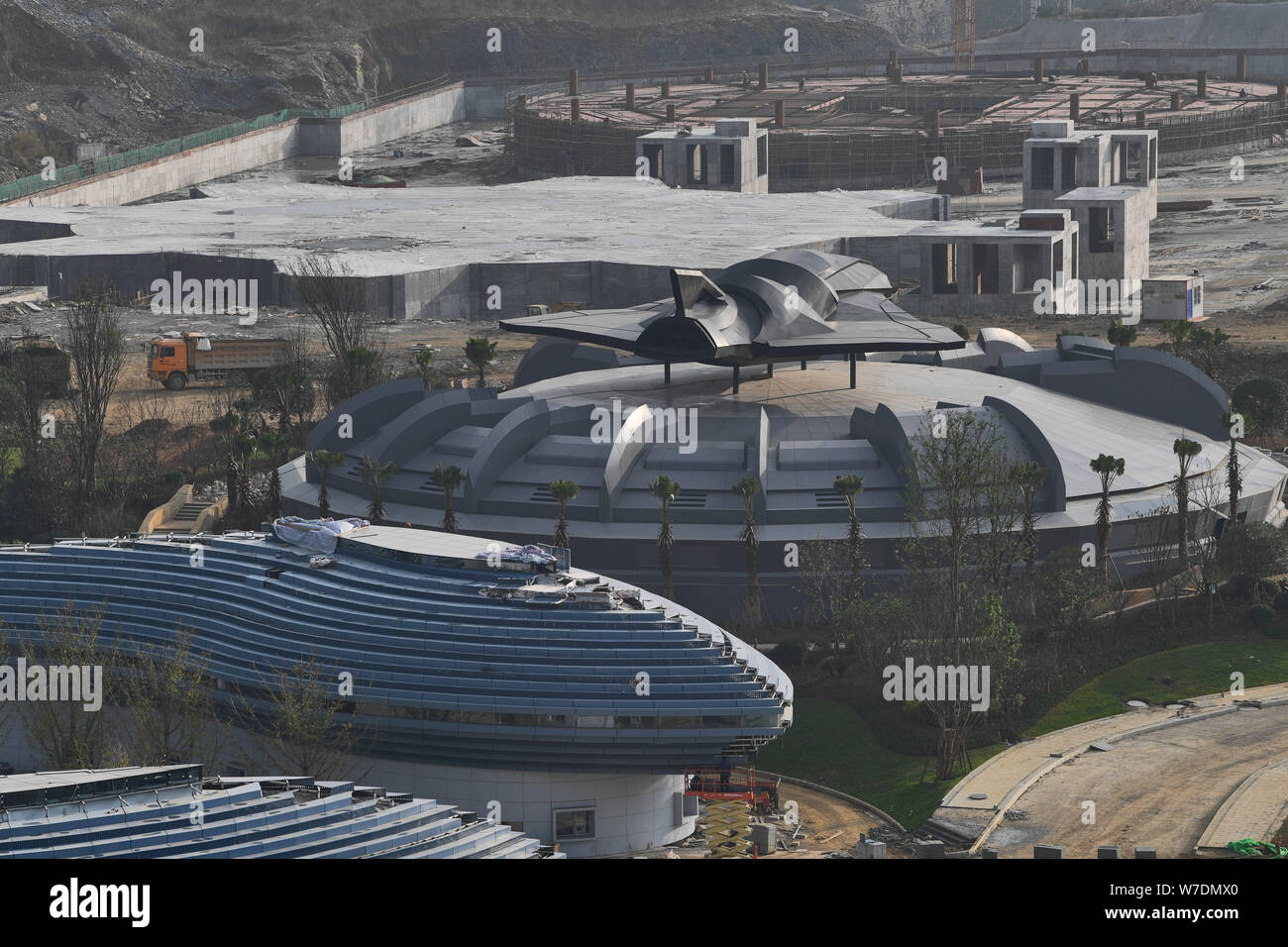 Aerial view of the construction site of the virtual-reality theme park ...