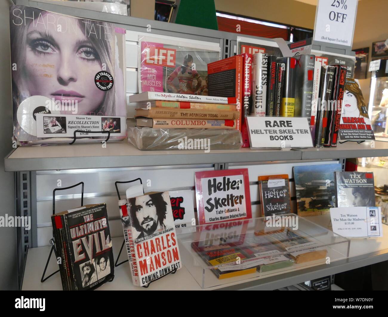 Los Angeles, USA. 03rd Aug, 2019. Exhibits, including books and posters on Charles Manson's series of murders and his followers, are on display in the small museum of 'Dearly Departed Tours'. A barbaric series of murders scared the world 50 years ago. Sect leader Charles Manson incited his followers to blood orgies. In 1969 also the highly pregnant actress Sharon Tate was killed. (to dpa '50 Years after the Manson Bloodbath: On the Trails of Sharon Tate') Credit: Barbara Munker/dpa/Alamy Live News Stock Photo