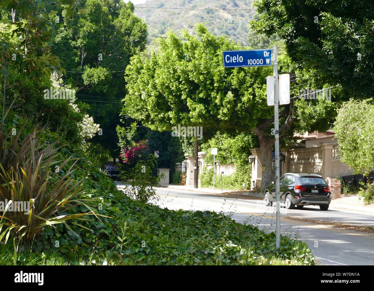 Los Angeles, USA. 03rd Aug, 2019. Road sign of Cielo Drive. In Cielo Drive is the former property of the house where the actress Sharon Tate was murdered. A barbaric series of murders scared the world 50 years ago. Sect leader Charles Manson incited his followers to blood orgies. In 1969 also the highly pregnant actress Sharon Tate was killed. (to dpa '50 Years after the Manson Bloodbath: On the Trails of Sharon Tate') Credit: Barbara Munker/dpa/Alamy Live News Stock Photo