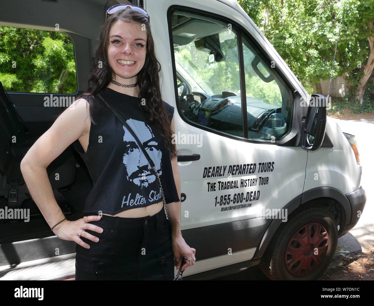 Los Angeles, USA. 03rd Aug, 2019. Lauren Kershner, musician from the US state of Oregon, is one of the participants on the 'Helter Skelter' tour. The journey to the crime scenes of one of the worst murder series in the USA, in the footsteps of cult leader Charles Manson and his young followers, takes almost four hours. In 1969, the highly pregnant actress Sharon Tate was also killed. (to dpa '50 Years after the Manson Bloodbath: On the Trails of Sharon Tate') Credit: Barbara Munker/dpa/Alamy Live News Stock Photo
