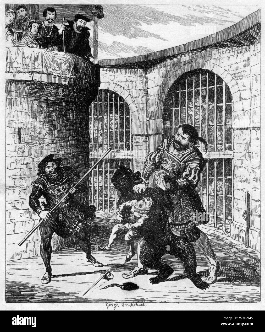 Gog extricating Xit from the bear in the Lions' Tower, 1840. Artist: George Cruikshank Stock Photo