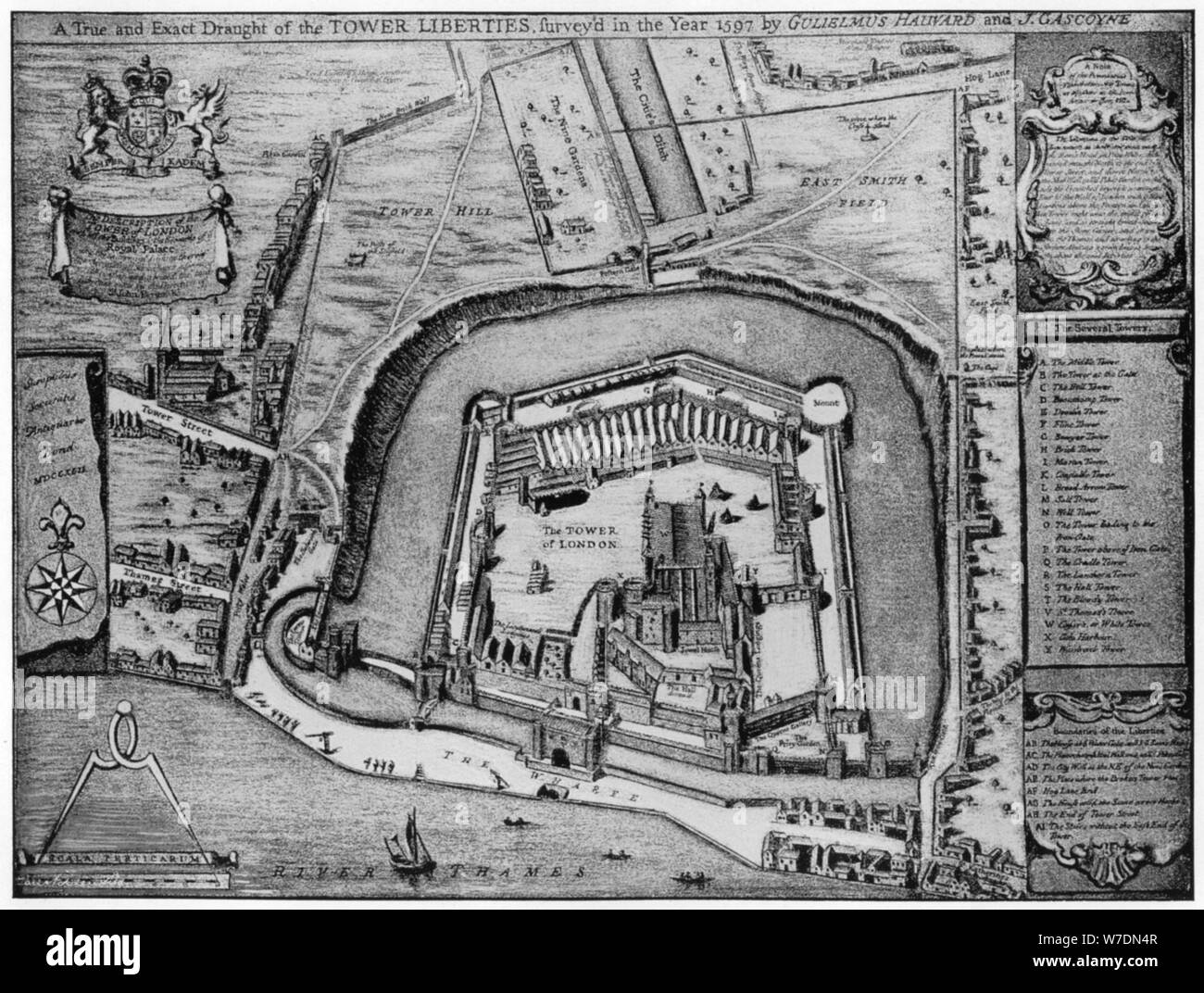 Bird's eye view of the Tower and Liberties as they appeared in 1597, London, 20th century.  Artist: Unknown. Stock Photo