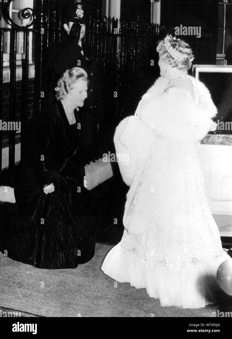 The Queen Mother with Margaret Thatcher outside 10 Downing Street, 1980. Artist: Unknown Stock Photo