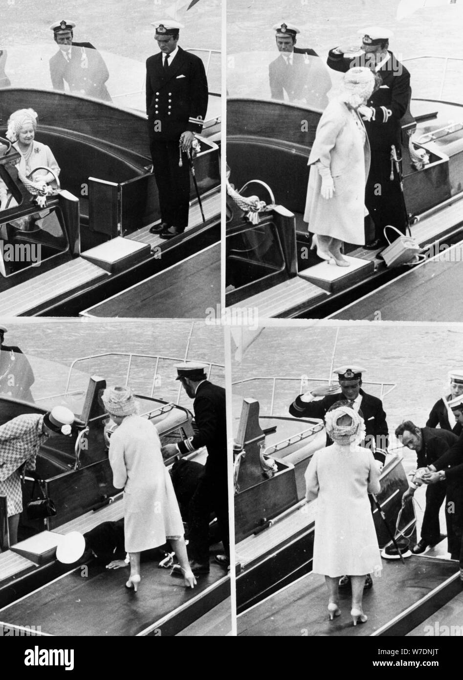 The Queen Mother's handbag being retrieved by Lt Hugh Slade on the royal barge, 1975. Artist: Unknown Stock Photo