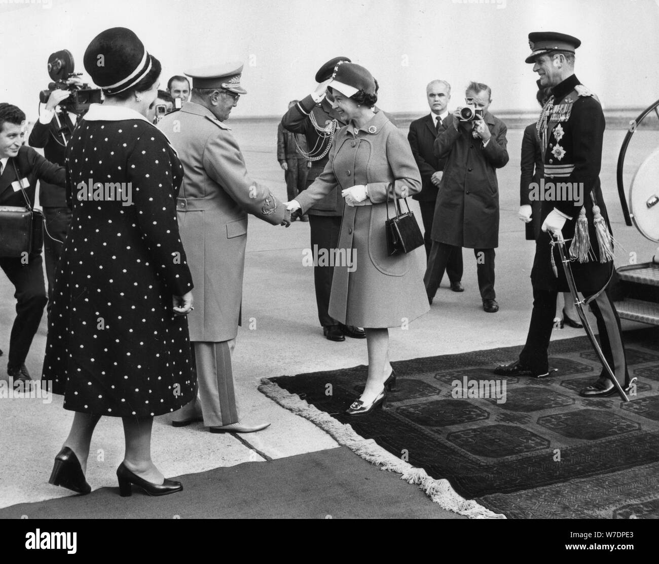 President Tito and his wife greeting the Queen and the Duke of Edinburgh, Yugoslavia, 1972. Artist: Unknown Stock Photo