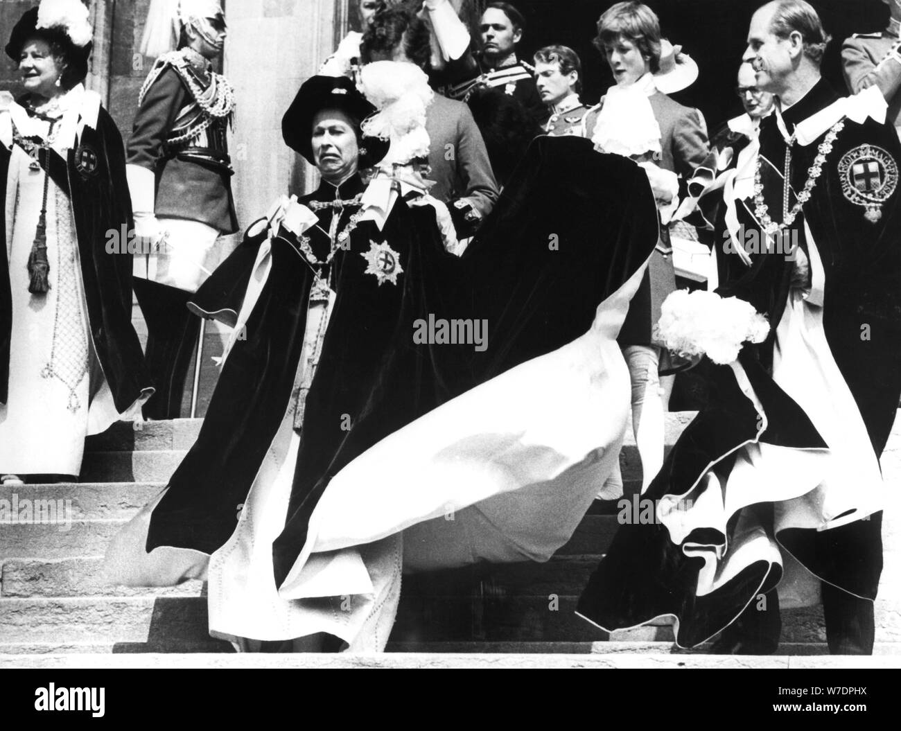 The Queen's robe caught in the breeze, Order of the Garter Ceremony, Windsor, 1974. Artist: Unknown Stock Photo