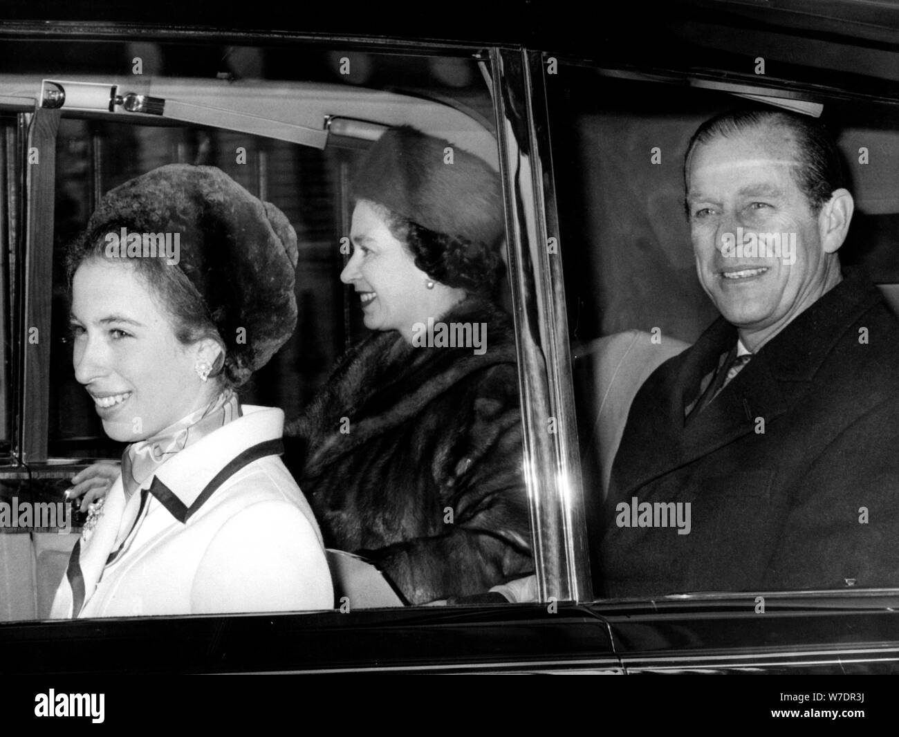 The Queen, Prince Philip and Princess Anne leaving Buckingham Palace, 1972. Artist: Unknown Stock Photo